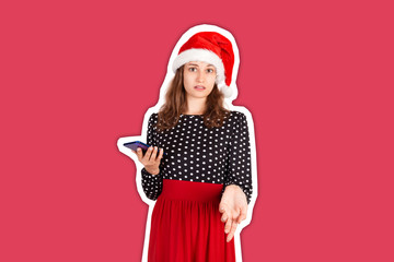 Portrait of a confused cute girl in dress pointing at mobile phone. Magazine collage style with trendy color background. holiday concept