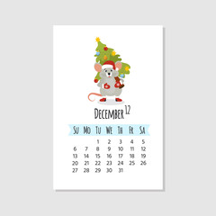 2020 new year of mouse to Chinese calendar. Wall  editable calendar grid template with cute mouse. Set of 12 months. Vector cartoon illustration