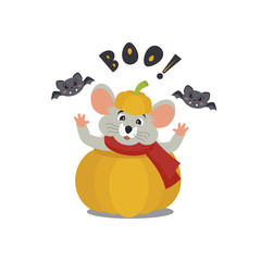 Cute Mouse. Vector illustration lettering for Halloween Boo and pumpkin for decoration, presents, invitation, children room, nursery decor, t-shirt. Concept of Happy Halloween