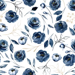 Wall murals White Seamless pattern with watercolor flowers navy blue roses, repeat floral texture, background hand drawing. Perfectly for wrapping paper, wallpaper, fabric, texture and other printing. 