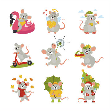 Cute cartoon mouse character set. Vector illustration for presents, invitation, children room, nursery decor, t-shirt, banner, interior design.