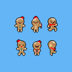 Pixel art cartoon ginger bread character set.