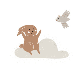 Vector illustration with cute rabbit, cloud, and bird. Hand drawn in Scandinavian style design for kids. The concept for textiles, postcards, baby shower, babywear, nursery.