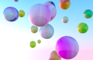 Abstract colorful 3d art background. Holographic floating liquid blobs, soap bubbles, metaballs.
