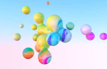 Abstract colorful 3d art background. Holographic floating liquid blobs, soap bubbles, metaballs.