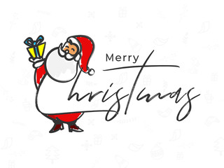 Hand sketching of Merry Christmas text with santa claus holding gift box on white festival element pattern background.
