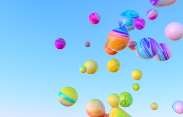 Abstract colorful 3d art background. Holographic floating liquid blobs, soap bubbles, metaballs.