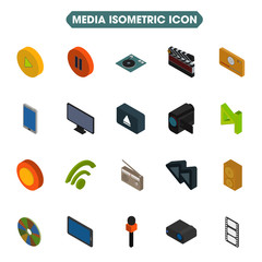 Isometric collection of Media icon on white background.