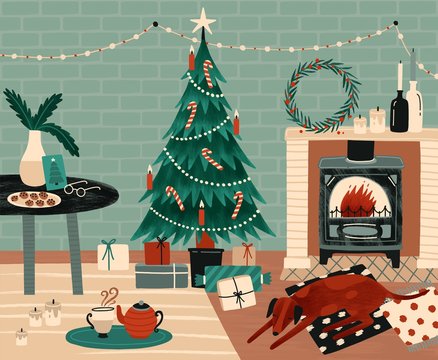 New Year celebration preparation vector illustration. Christmas festive atmosphere. Home coziness, Xmas celebration. Decorated Christmas tree and fireplace in room. Winter holidays attributes.