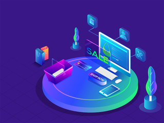 Isometric illustration of computer with smartphone, shopping bag and credit card on blue background for Online Shopping concept.