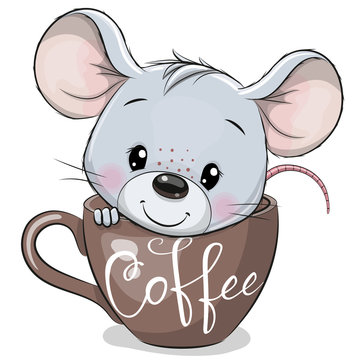 Cartoon Mouse is sitting in a Cup of coffee