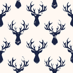 Hand-Stamped Dark Blue Textured Silhouettes of a Deer Head White Background Vector Seamless Pattern