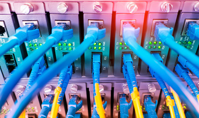 Fiber Optic cables connected to an optic ports and Network cables connected to ethernet ports