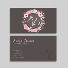 Broun business card template with pink flowers