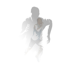 Run, sprinting men, isolated double exposure vector illustration. Group of runners, multiexposure - obrazy, fototapety, plakaty