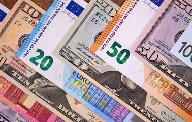 Euro and US dollars close up