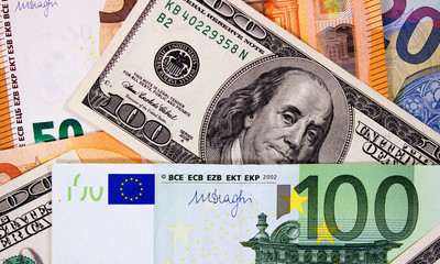 Euro and US dollars close up