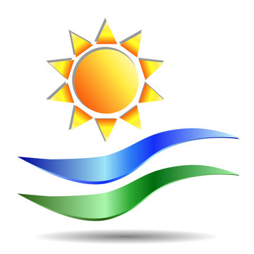 Logo with a realistic image of the sun and waves symbolizing water and earth. Vector EPS10