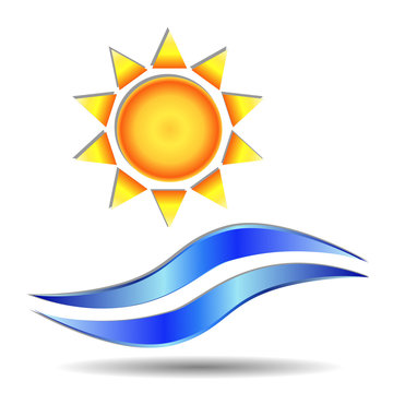 Logo with a realistic image of the sun and sea waves, a symbol of the purity of the planet. Vector EPS10