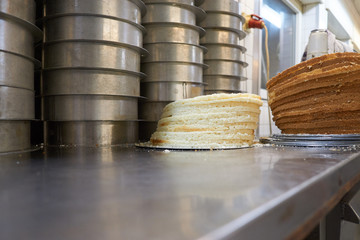 low angle view on confectionery work space with cake pans and baked pastry case