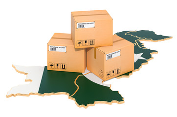 Parcels on the Pakistani map. Shipping in Pakistan, concept. 3D rendering