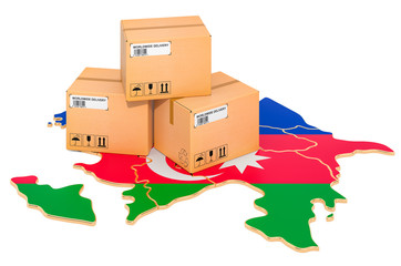 Parcels on the Azerbaijani map. Shipping in Azerbaijan, concept. 3D rendering