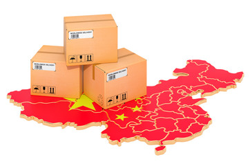 Parcels on the Chinese map. Shipping in China, concept. 3D rendering