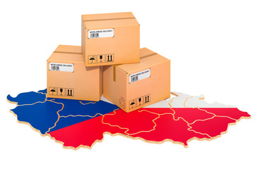 Parcels on the Czech Republic map. Shipping in Czech Republic, concept. 3D rendering