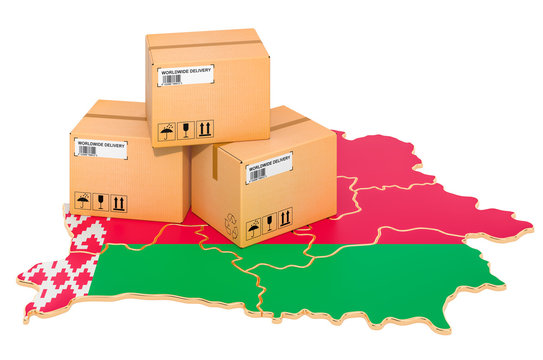 Parcels on the Belorussian map. Shipping in Belarus, concept. 3D rendering