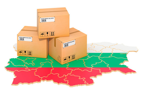 Parcels on the Bulgarian map. Shipping in Bulgaria, concept. 3D rendering