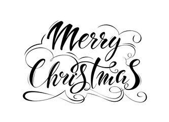 Christmas hand drawn lettering. Xmas text isolated on white for postcard, poster, banner design element. Merry Christmas script calligraphy. Xmas holiday lettering design.
