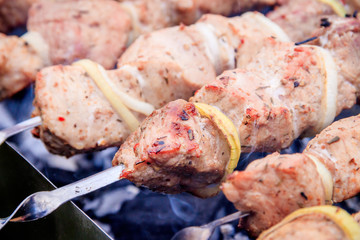 Meat skewers with onions on skewers. Charcoal meat.