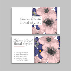 Dark blue business card template with pink flowers