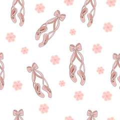 Pink ballerina pointe shoes on black. Decorative seamless pattern on white background. © Анна Комелева