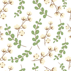 Green eucalyptus branches and cotton branches on white. Decorative seamless pattern on white background.
