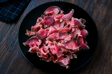 Turkish Bacon Pastirma / Pastrami Slices in Black Plate. Ready to Eat and Serve from Kastamonu and Kayseri.