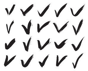 Check Mark Icons. Collection of 20 Black Hand Painted Ticks Isolated on a White Background. Vector Illustration