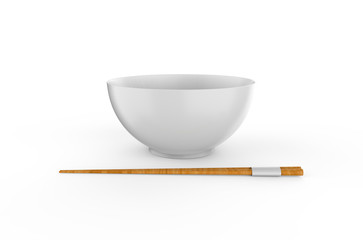 White empty bowl with chopsticks for noodles, rice, sushi, pasta and other meals, mock up template on isolated white background, 3d illustration