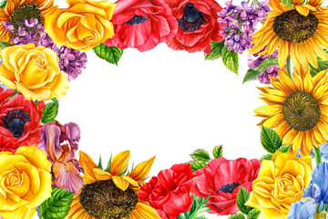 frame of summer flowers,red anemones, lilac, iris, sunflowers and yellow roses on an isolated white background, watercolor illustration,