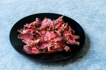 Turkish Bacon Pastirma / Pastrami Slices in Black Plate. Ready to Eat and Serve from Kastamonu and Kayseri.