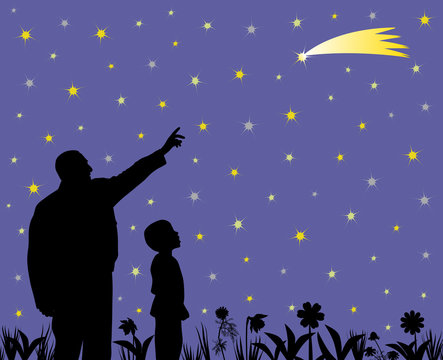 Father Is Showing Shooting Star To His Amazed Child In The Garden. Father Teaching Kid About Science, Astronomy And His Son Can Make A Wish By Seeing At Falling Star. Kid With Wow Face Expression.