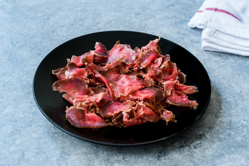 Turkish Bacon Pastirma / Pastrami Slices in Black Plate. Ready to Eat and Serve from Kastamonu and Kayseri.