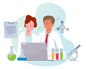 Two scientist working on lab wearing white laboratory uniform. Male and female working together with laptop microscope test tube chemistry