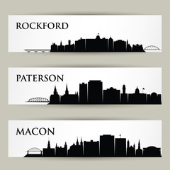 United States of America cities skylines - USA, Rockford, Illinois, Macon, Georgia, Peterson, New Jersey - isolated vector illustration