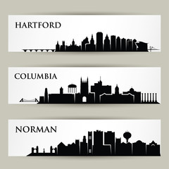 United States of America cities skylines - Hartford, Connecticut, Columbia, Missouri, Norman, Oklahoma - isolated vector illustration