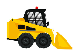 Mini bulldozer, skid loader vector isolated on white background. Digger illustration. Excavator dozer for land. Under construction. Industrial building machine bager. Motor grader. Hard work industry.