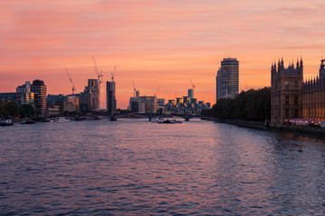 Sunset view of River Thames near Westminster, London, UK