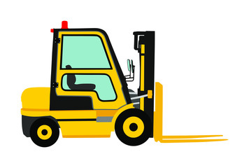 Forklift vector illustration, heavy loader. Cargo from warehouse to truck. Storage equipment racks, pallets with goods. shipping and transportation concept. Lift truck vehicle for construction site.
