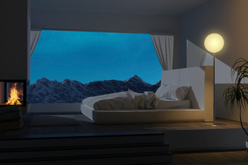3d rendering of white bedroom at night with fireplace and panoramic view to the mountain