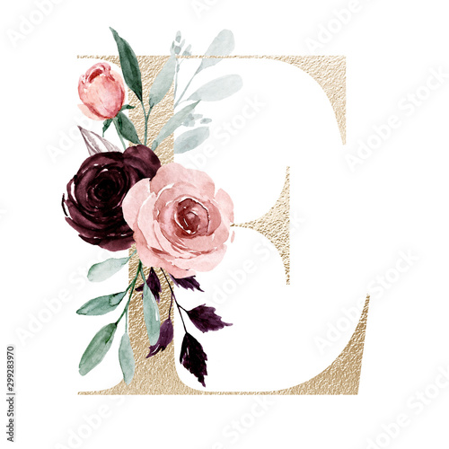 Download Floral Alphabet Letter E With Watercolor Flowers And Leaf Gold Monogram Initials Perfectly For Wedding Invitations Greeting Card Logo Poster And Other Design Holiday Design Hand Painting Wall Mural Larisa